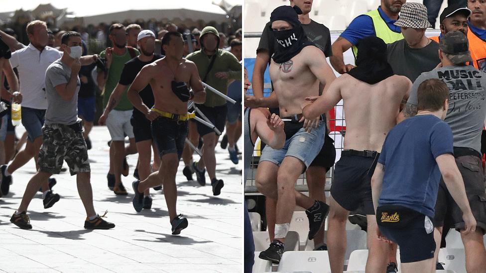 Russian fans in Marseille Old Port and stadium