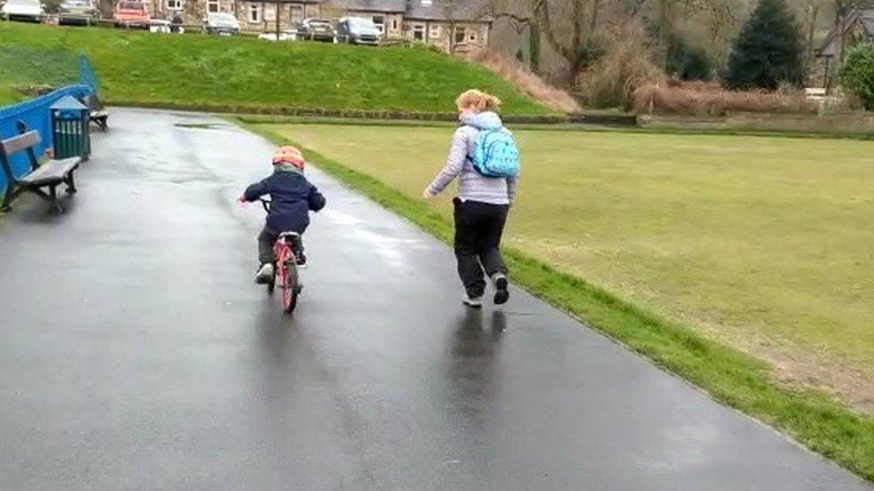 Claire and her son getting some daily exercise during the coronavirus pandemic