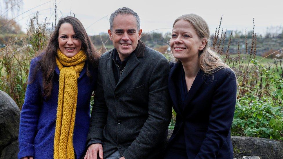 Amelia Womack, Jonathan Bartley, and Sian Berry