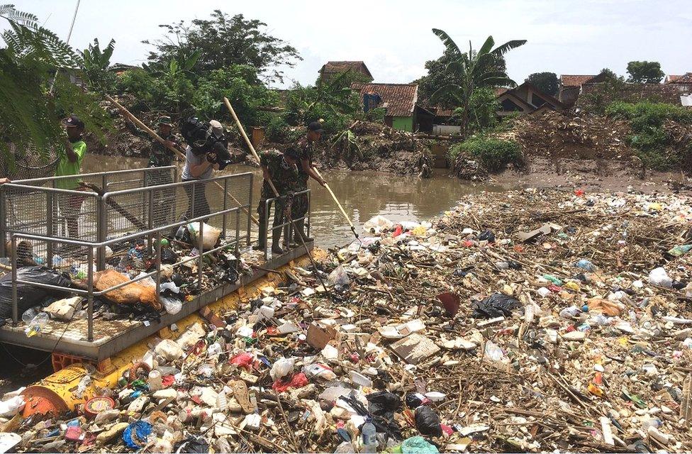 Plastic mass in Indonesian waterway