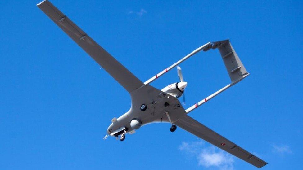 A Turkish-made Bayraktar TB2 drone flies at Gecitkale military airbase near Famagusta in the self-proclaimed Turkish Republic of Northern Cyprus (TRNC) on December 16, 2019