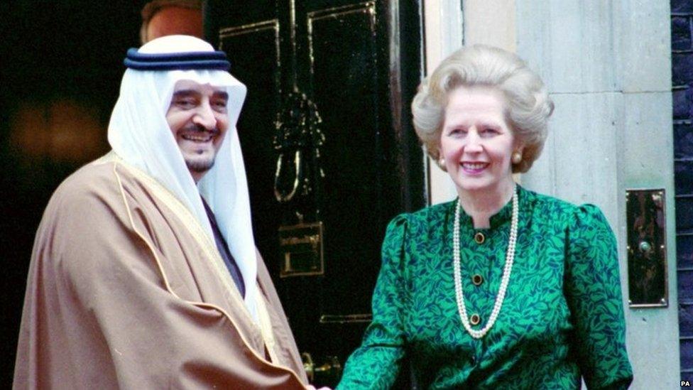 Margaret Thatcher shakes hands with King Fahd of Saudi Arabia outside Downing Street in 1987