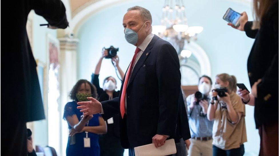 Schumer in Senate with reporters