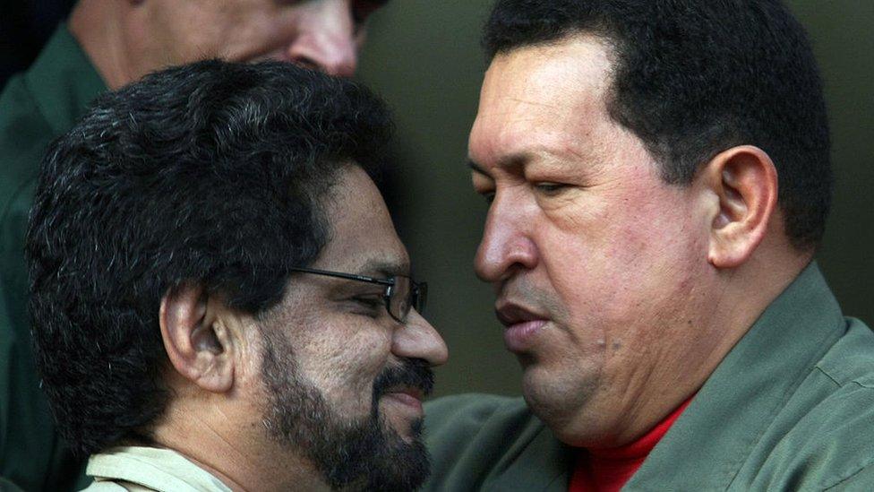 Former president of Venezuela, Hugo Chavez, and Ivan Marquez, Farc lead peace negotiator.