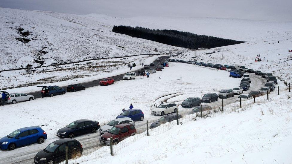 Cars parked on the A470 near Storey Arms