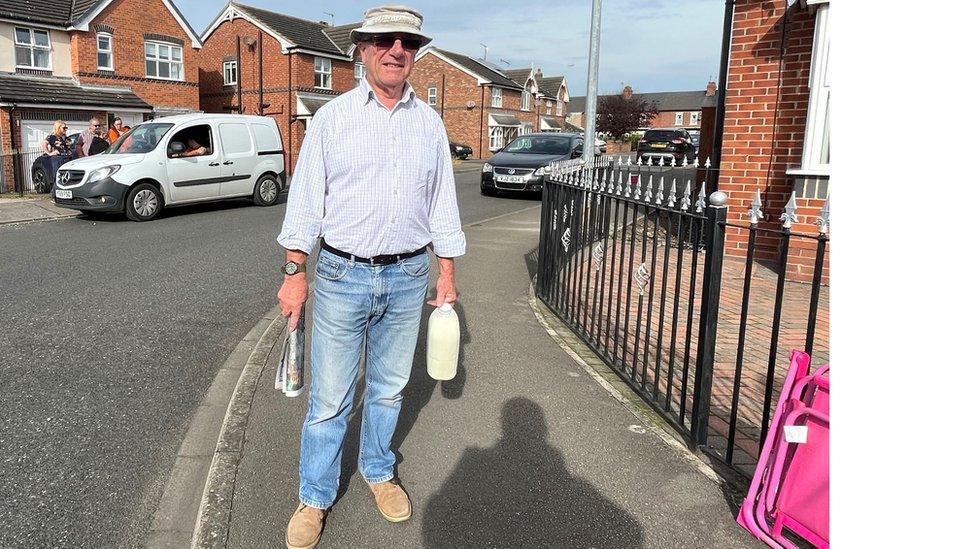 Melvyn Bull passes the 'cross the road' fundraiser in Shields Road, Hedon