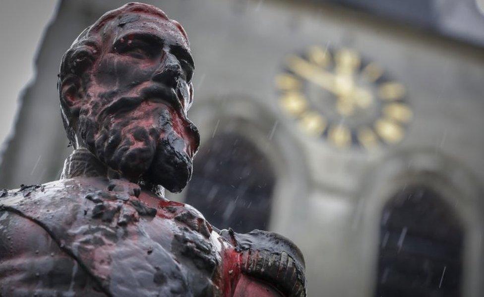 Defaced statue of King Leopold II in Antwerp, 5 June 2020