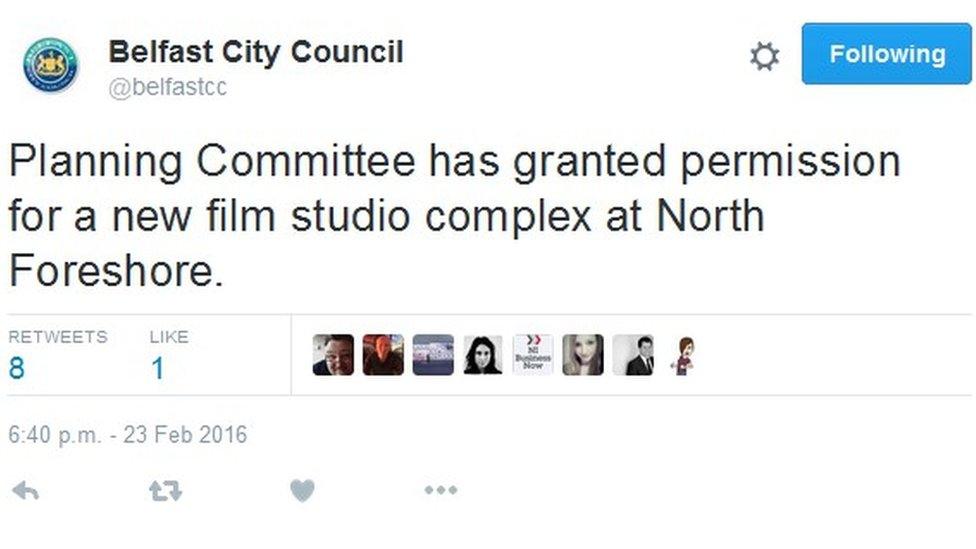 Belfast City Council tweets: "Planning Committee has granted permission for a new film studio complex at North Foreshore."