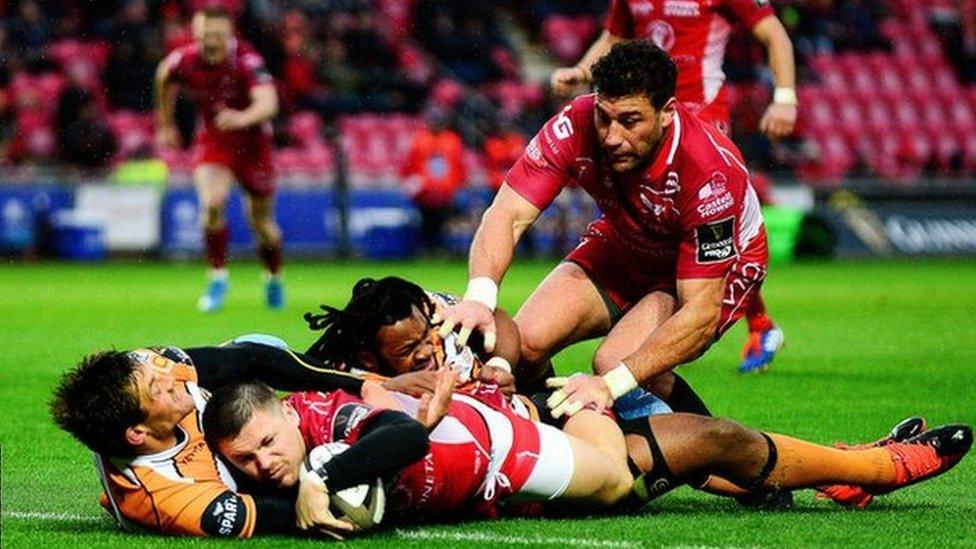 Yr asgellwr Steff Evans yn sgorio cais yn ystod ei ganfed ymddangosiad i'r Scarlets