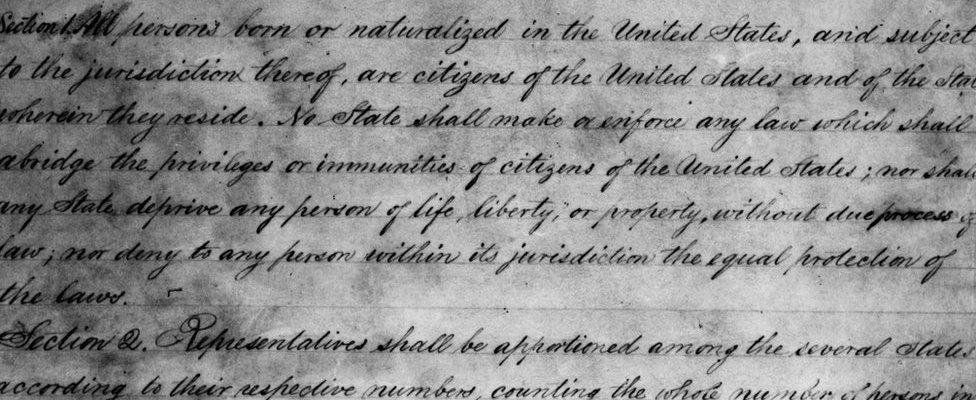 A draft of the 14th Amendment to the United States Constitution, outlining the rights and priveleges of American citizenship, ratified in 1868.