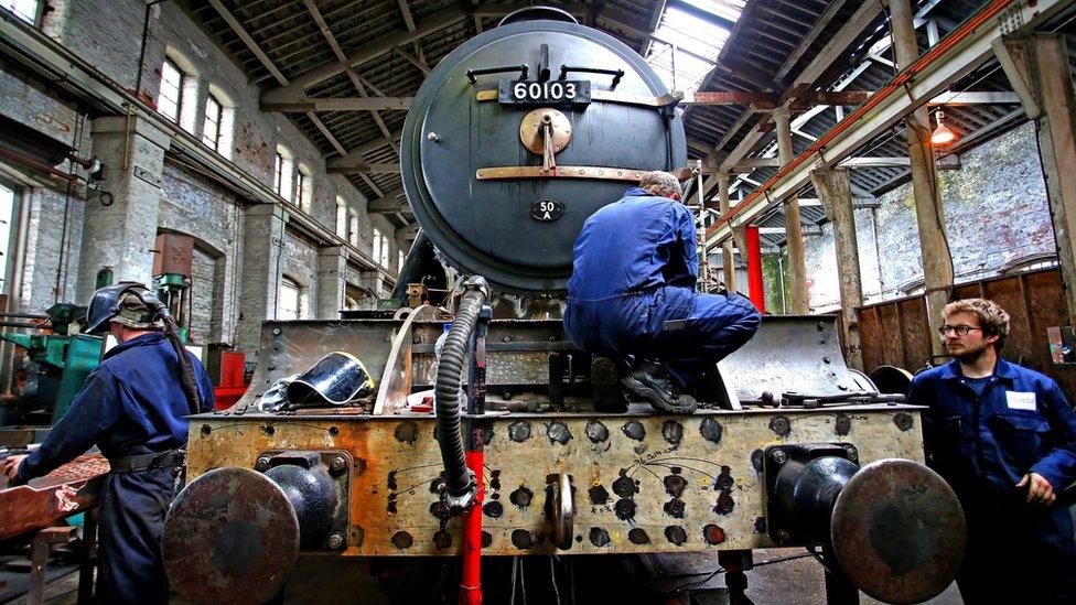 The Flying Scotsman in an engine shed in Bury