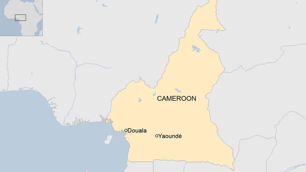 A map of Cameroon showing the biggest city Douala, and the capital city Yaoundé.