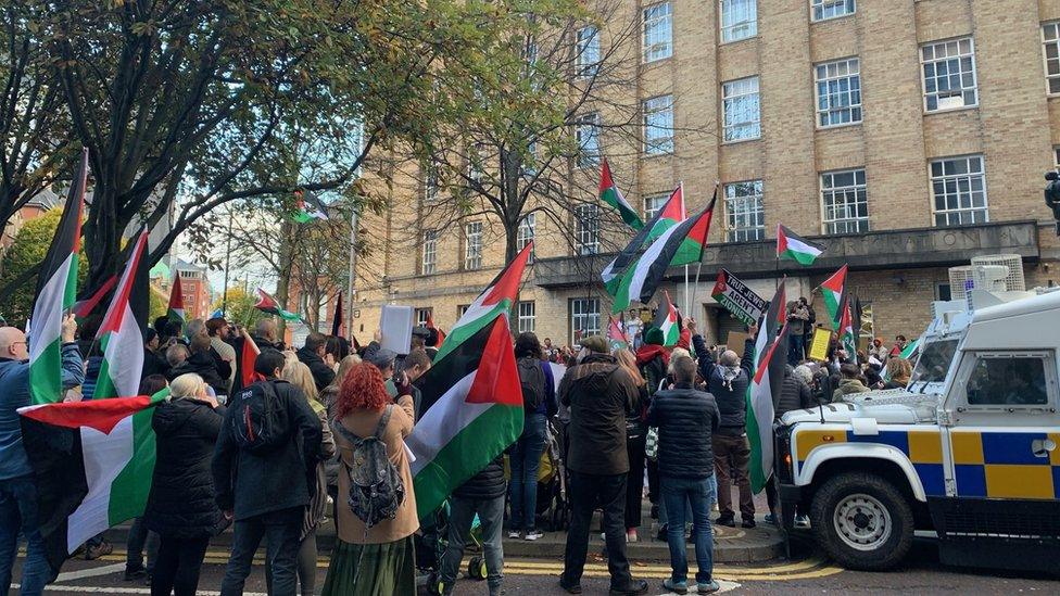 Pro-Palestinian protesters demonstrate at the BBC's headquarters in Belfast