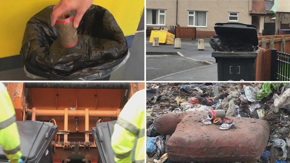 Four stages of a can being transferred to landfill