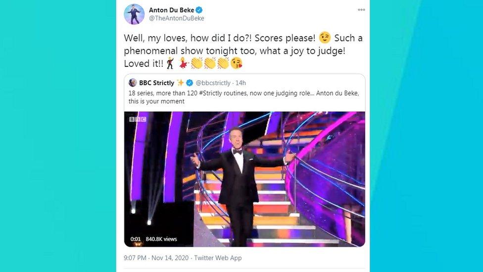 Tweet from Anton saying "Well, my loves, how did I do?! Scores please! Such a phenomenal show tonight too, what a joy to judge! Loved it!!"