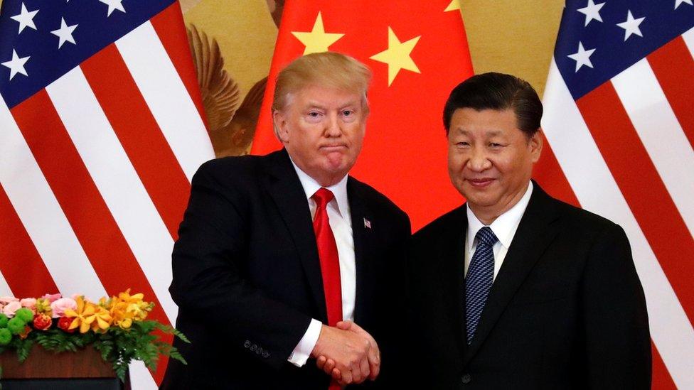 Donald Trump and Xi Jinping shake hands in front of US and China flags