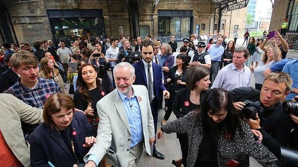 Matt Zarb-Cousin (directly behind Mr Corbyn) accompanies the Labour leader on the campaign trail