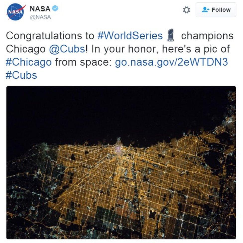 "Congratulations to #WorldSeries champions Chicago @Cubs! In your honor, here's a pic of #Chicago from space: http://go.nasa.gov/2eWTDN3 #Cubs"