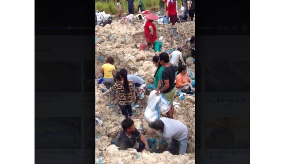 People digging chicken wings out of the ground