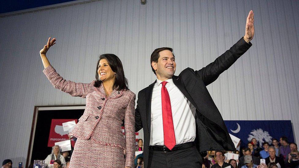 Republican presidential candidate Marco Rubio (R-FL) appears with South Carolina Governor Nikki Haley in Chapin, South Carolina