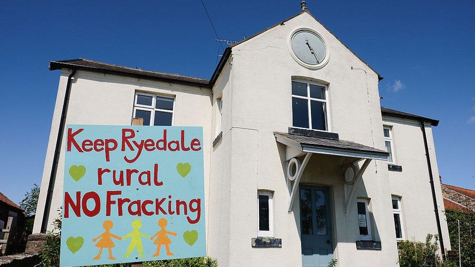 An anti fracking sign is displayed in the garden of a home on the outskirts to the village of Kirby Misperton