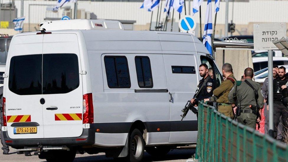 A van carrying Palestinian detainees arrives at the Israeli military prison, Ofer, in the Israeli-occupied West Bank