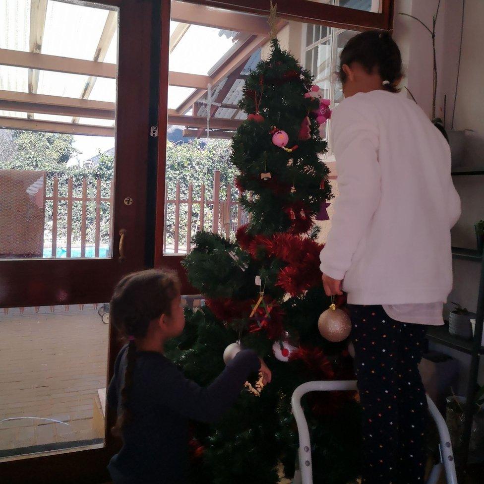 Decorating the Christmas tree.