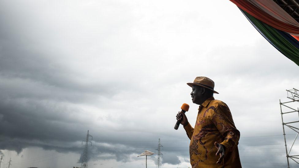 Opposition candidate Raila Odinga speaks to the crowd gathered at a rally at the Ogango Grounds on October 20, 2017 in Kisumu, Kenya. Tensions are high as Kenya waits for a new Presidential vote after it annulled the results of the first vote in August. Opposition candidate Raila Odinga has rejected the new election, saying a free and fair election was not currently possible in Kenya