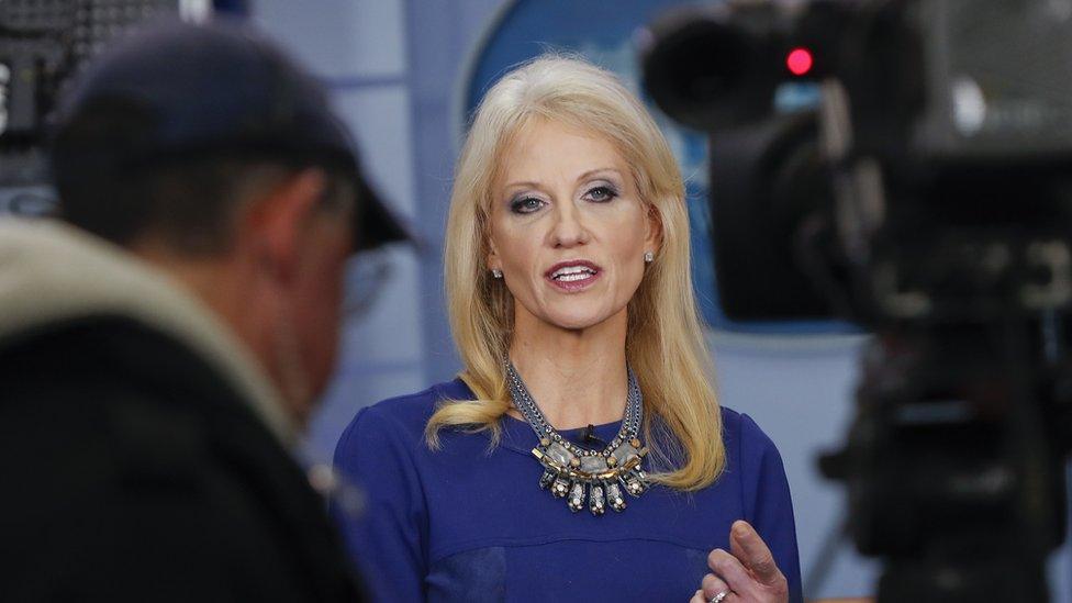 Counselor to the President Kellyanne Conway answers questions during a network television interview in the James Brady Press Briefing Room of the White House in Washington, Monday, Feb. 13, 2017