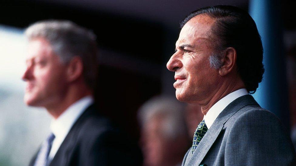 American President Bill Clinton is welcomed by President of Argentina Carlos Menem