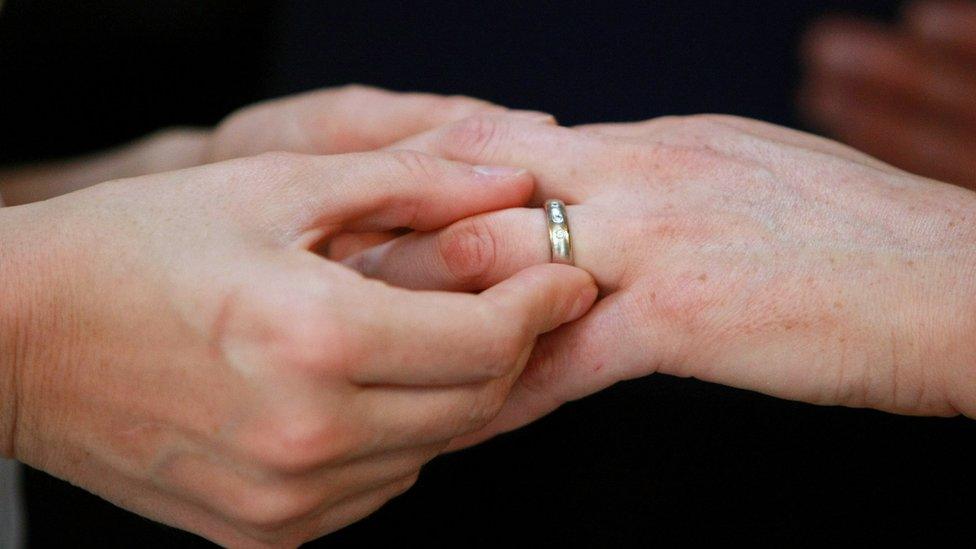 Same-sex spouses exchanging wedding rings