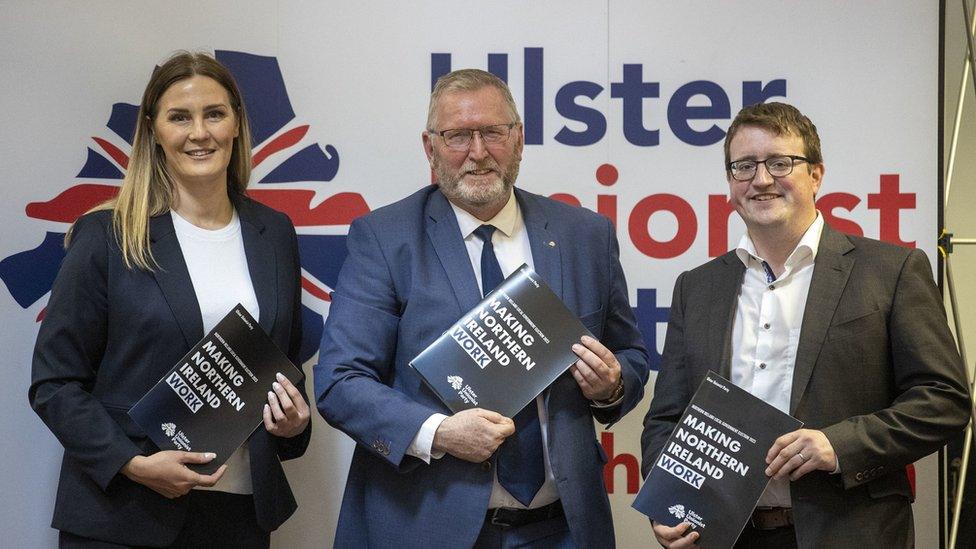 UP candidate Linzi McLaren, with party leader Doug Beattie and fellow candidate Nicholas Trimble during the party's local government manifesto 2023 launch at the Linen Hall Library, Belfast.