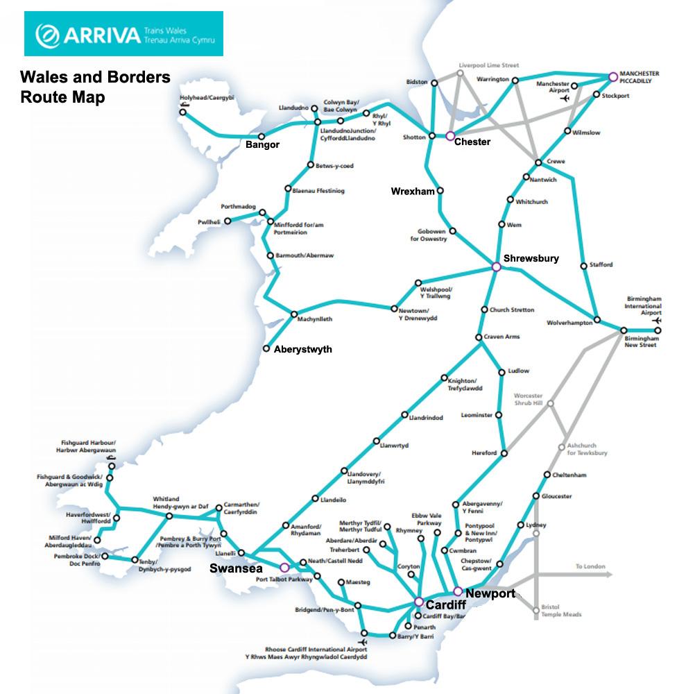 Arriva Trains Wales' current rail network map