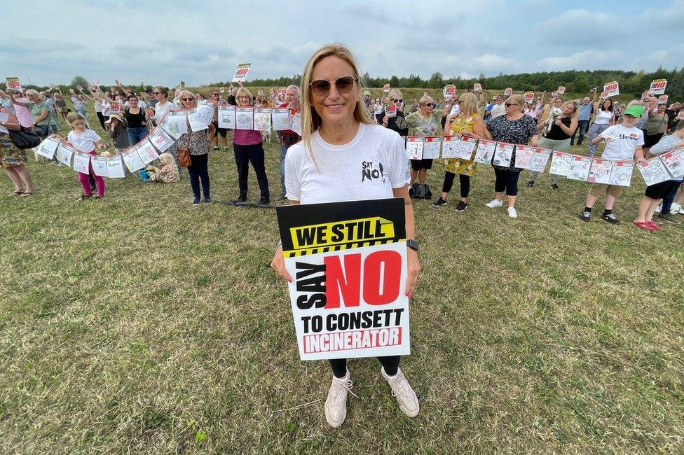 Campaigner Christine Thomas with objectors to the Consett energy from waste plan at Hownsgill Industrial Park, Consett, County Durham