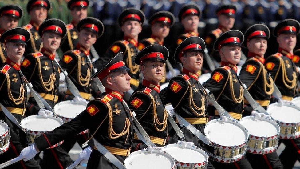 Russian servicemen march in the Victory Day Parade in Red Square in Moscow, Russia, June 24, 2020