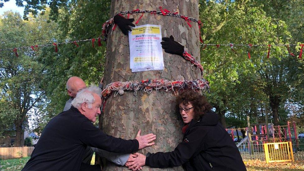 Three people hugging the wide tree on St Matthews Piece