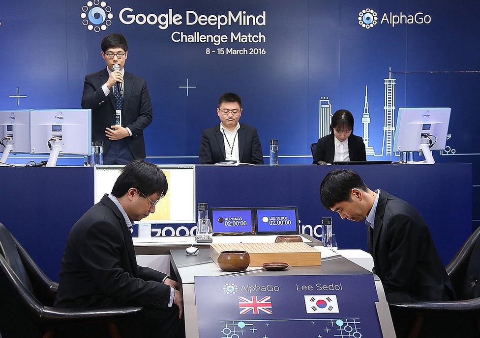 n this handout image provided by Google, South Korean professional Go player Lee Se-Dol (R) prepares for his fourth match against Google's artificial intelligence program, AlphaGo, during the Google DeepMind Challenge Match on March 13, 2016 in Seoul, South Korea. Lee Se-dol played a five-game match against a computer program developed by a Google, AlphaGo.