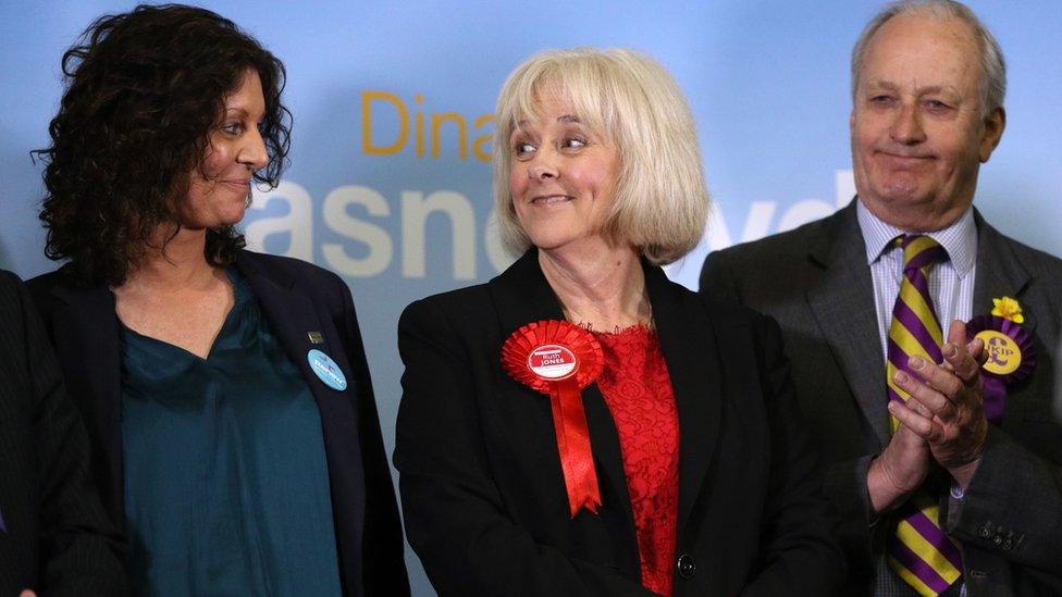 Renew candidate June Davies (left) and Neil Hamilton of UKIP congratulate Ruth Jones