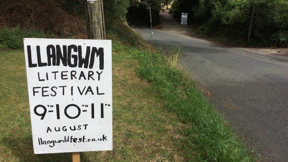 A sign for Llangwm Literary Festival