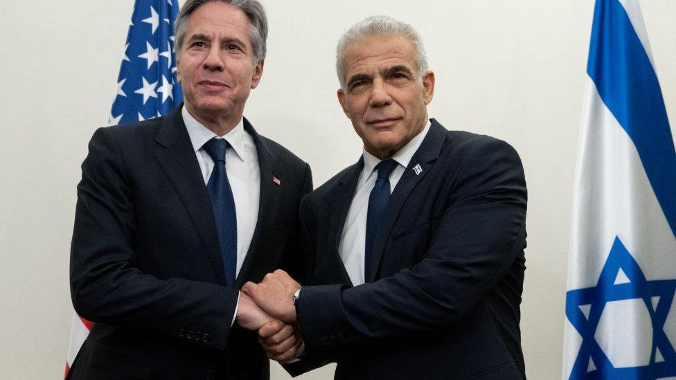 Blinken (left) with Israeli opposition leader Yair Lapid during his fourth visit to Israel since the Gaza conflict began