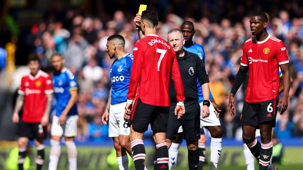 Cristiano Ronaldo being booked against Everton