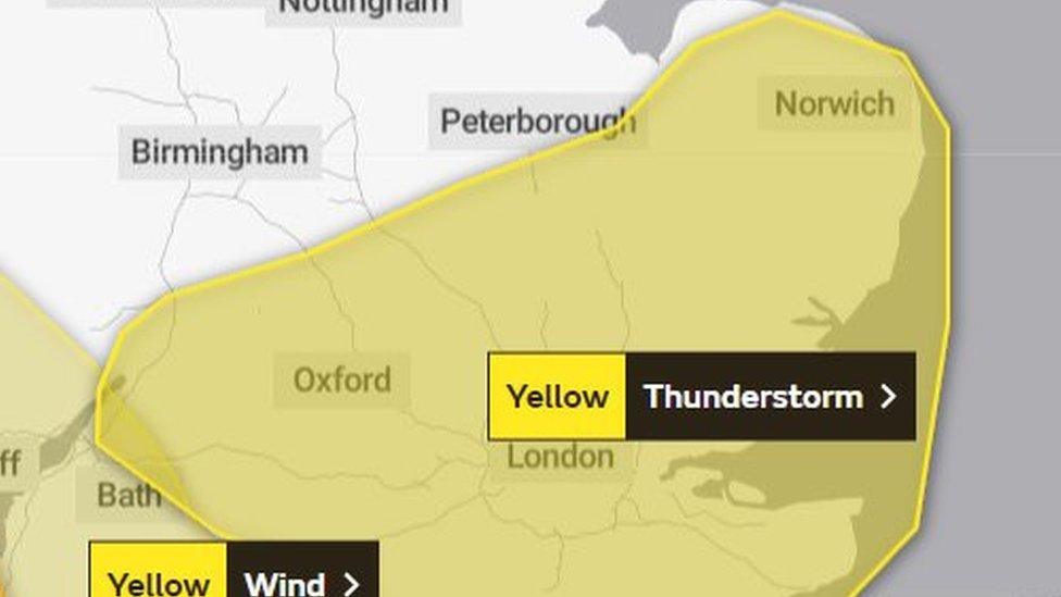 Map of England with yellow weather warning for the East of England