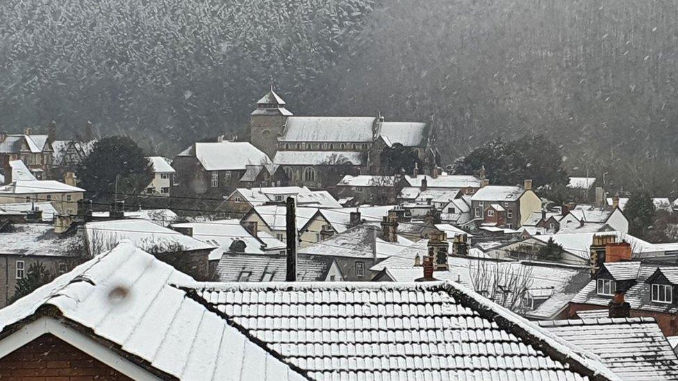 Snowy rooftops at Knighton in Powys on Saturday