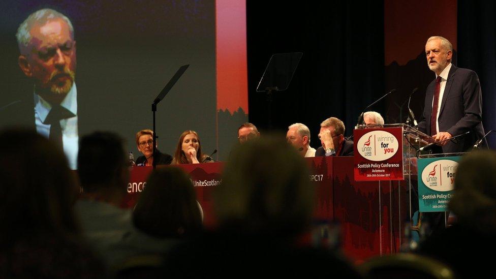 Jeremy Corbyn speaking at the Unite union's Scottish policy conference