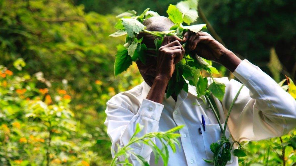 The spiritual leader wears a crown of local plants at a river confluence ritual