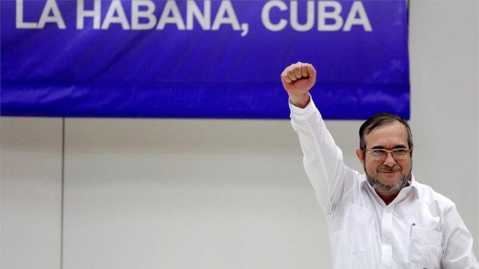 Farc rebel leader Timochenko gestures before signing a historic ceasefire deal between the Colombian government and Farc rebels in Havana, Cuba, June 23, 2016