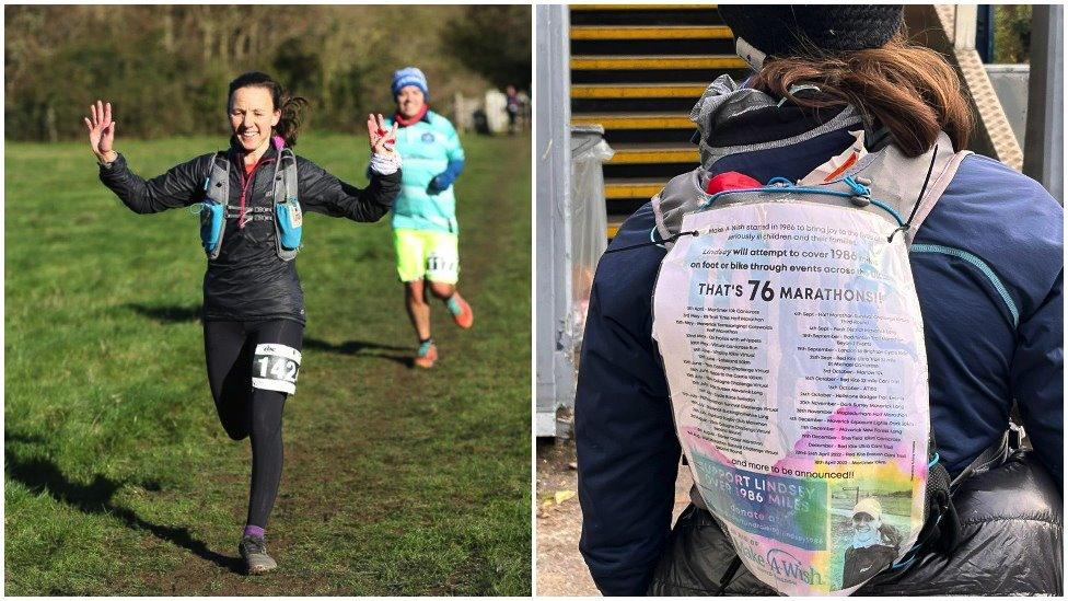 Lindsey Thurlow running and the sign on her back