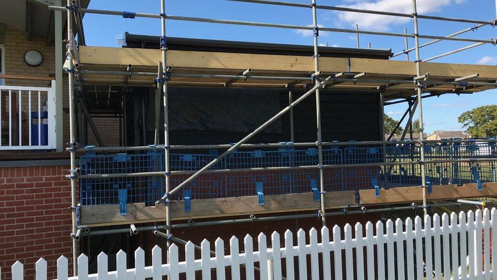 The new scorers box under construction.