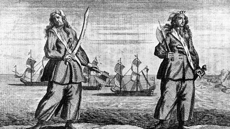 An engraving of female Pirates Mary Read and Anne Bonny