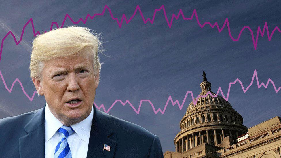 Donald Trump alongside Congress, with his approval/disapproval rating in the background